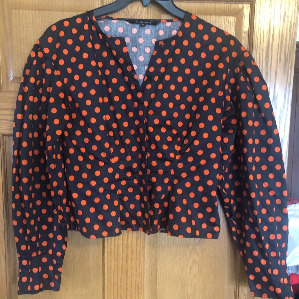 Shirt, pleated polka dot blouse.